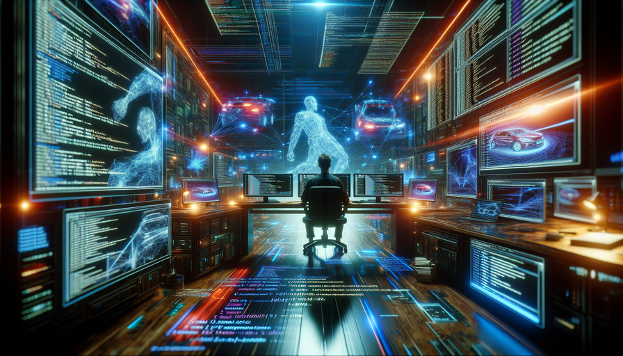 A programmer harnesses the power of Carapis automotive data extraction, surrounded by a futuristic interface of car models and market analytics.