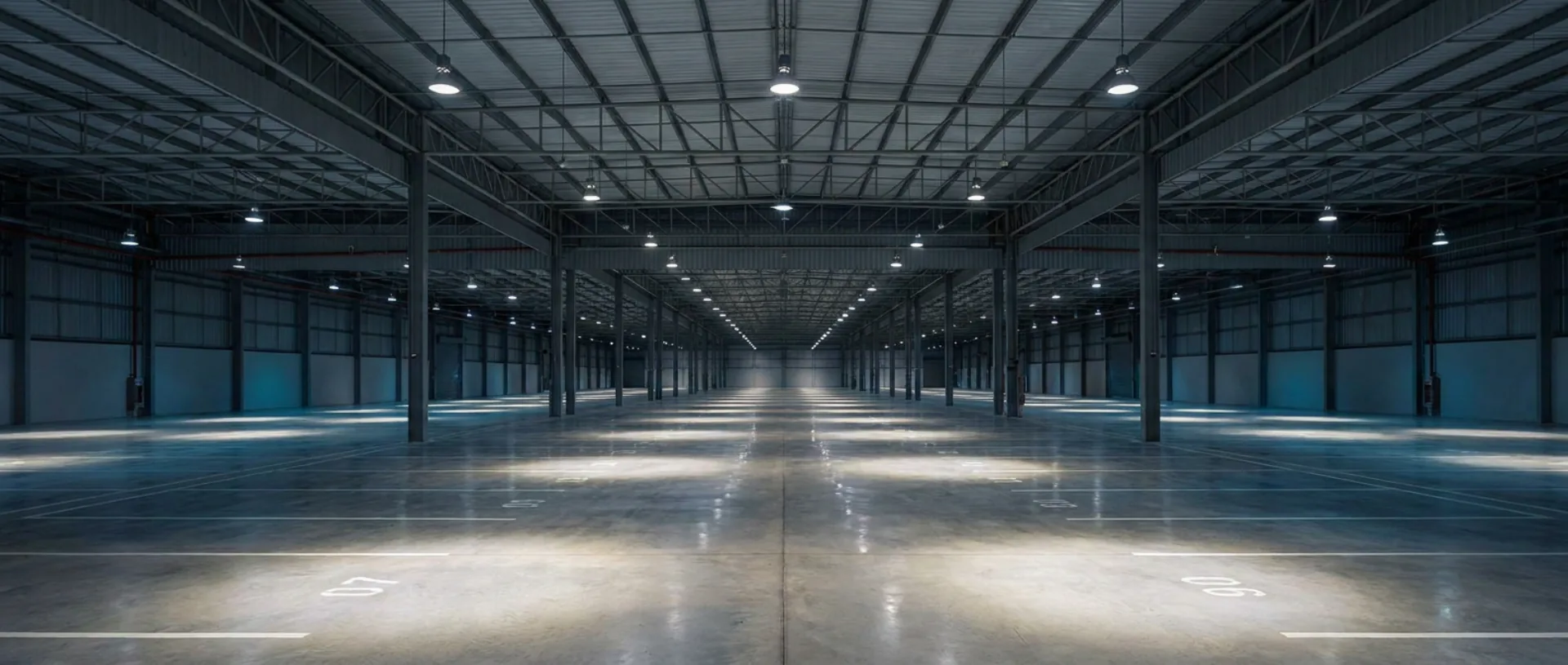 An empty vehicle auction hall before opening, numbered bays receding under overhead lighting