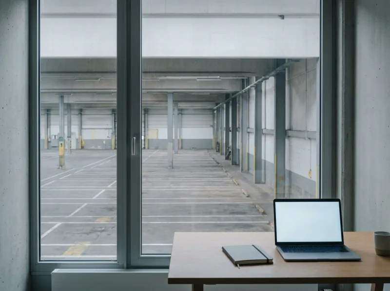 A laptop and a notebook on a desk by a tall window overlooking an empty vehicle hall