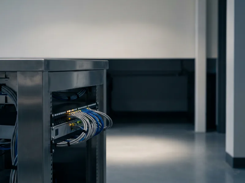 Grey and blue network cables dressed into a patch panel in a steel equipment rack