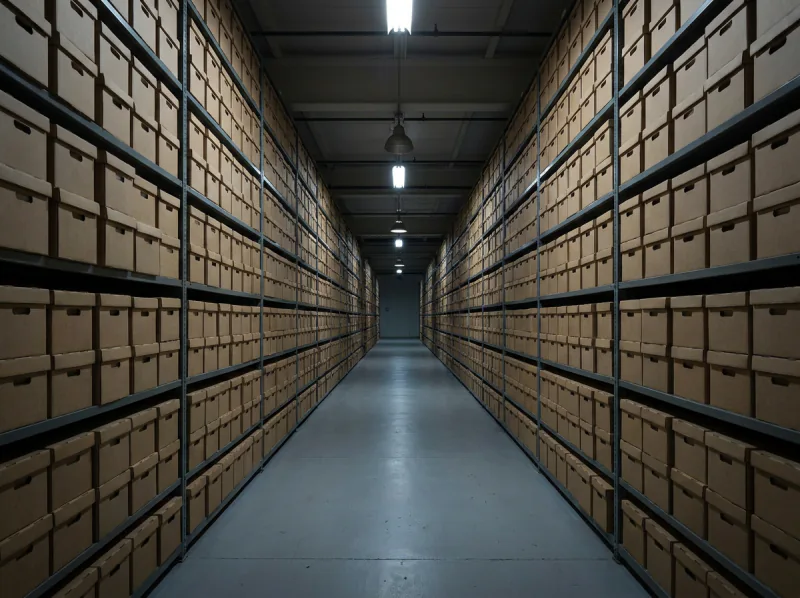 A long archive aisle of identical cardboard boxes on steel shelving